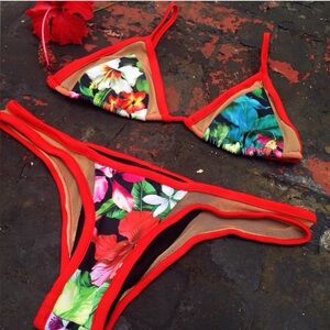 Floral Bikini Set with Red Trim